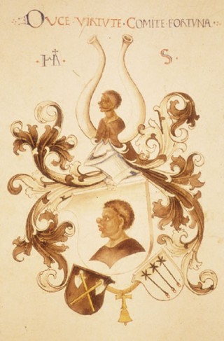 Ex-libris featuring the coat of arms of Hartmann Schedel from his personal copy of the Chronicle. Munich, Bayerische Staatsbibliothek