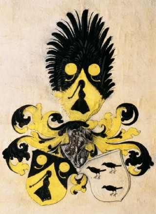 Ex-libris coat of arms of the Schreyer and Kammermeister families, on the inside front cover of the German layout of the Chronicle. Nuremberg, Stadtbibliothek