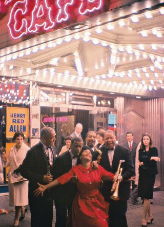 The Metropole Cafe on Broadway. Buster Bailey (clarinet), Claude Hopkins (piano) the dancer Audrey Armstrong, Hal Singer (tenor saxophone), Red Allen (trumpet). New York City.<br /> (c) William Claxton