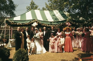 The family wedding photo: Tom, his wife Theresa (Tere Livrano), Fredo, Carlo, Connie, Mama Corleone, Don Vito, Sonny, his wife Sandra (Julie Gregg), Michael, Kay, and, at far right, Sonny&rsquo;s mistress, Lucy Mancini (Jeannie Linero)<br /> <em><br /> Photograph courtesy Steve Schapiro, and copyright (c) 2008 Paramount Pictures Corporation. The Godfather is a registered trademark of the Paramount Pictures Corporation. All Rights Reserved.</em>