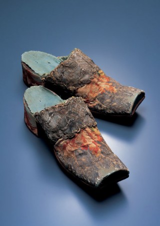 Man's Mules, Early 18th Century, European. Light blue brocaded with floral silk faille; silk braids; sequins. Inv. AC10226 99-41-AB
