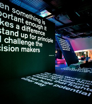 Exhibition graphics and projected typo-animated audio-visual installation debating the issues relating to nuclear power for the Science Museum at BNFL Visitors Centre, Sellafield, UK. UNA (London) designers, 2002