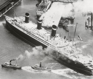 The Normandie pulls into port, New York Harbor, 1935