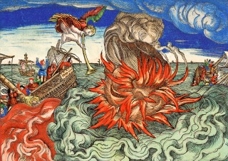 Revelation, fol. CLXXXVIIIv: The second angel sounds, causing a huge burning mountain to fall into the sea