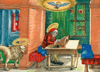 <span class="td">Mark, fol. XXIIv: The evangelist Mark, illuminated by the rays of the Holy Ghost, writing in his room; to the left his attribute, the lion</span>