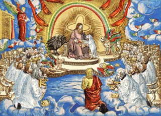 The Luther Bible of 1534 <span class="td">Revelation: fol. CLXXXVv: In the centre a figure seated on a throne - surrounded by a rainbow that splashes out lightning, and the four beasts - hands the Lamb a book; in the foreground, St John on his knees, as well as 24 elders dressed in white</span>
