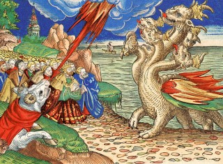 Revelation, fol. CXCIIv: The beast coming out of the sea, having seven heads and ten crowned horns, is venerated by the humans, beside it the beast coming out of the earth with two horns like a lamb and a monk&rsquo;s cap and hood