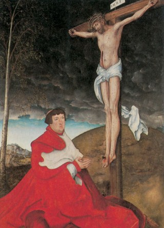 Masterpieces of Western Art Lucas Cranach the Elder, Cardinal Albrecht of Brandenburg before the Crucified Christ, c. 1520-1530. Munich, Bayerische <br /> Staatsgemäldesammlungen, Alte Pinakothek
