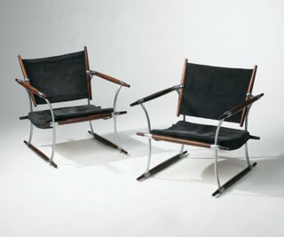 Jens Quistgaard, rosewood, steel and leather lounge chairs for Nissen, 1965